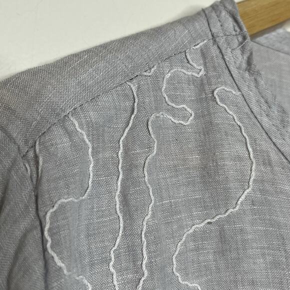 Poetry Embroidered Linen Top Womens Size 14 Gray Lagenlook Wearable Art Coastal - Picture 2 of 6